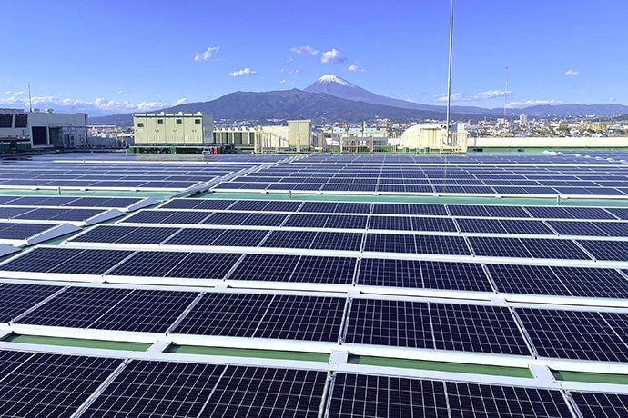 Solar panels on the roof of the Mishima Plant