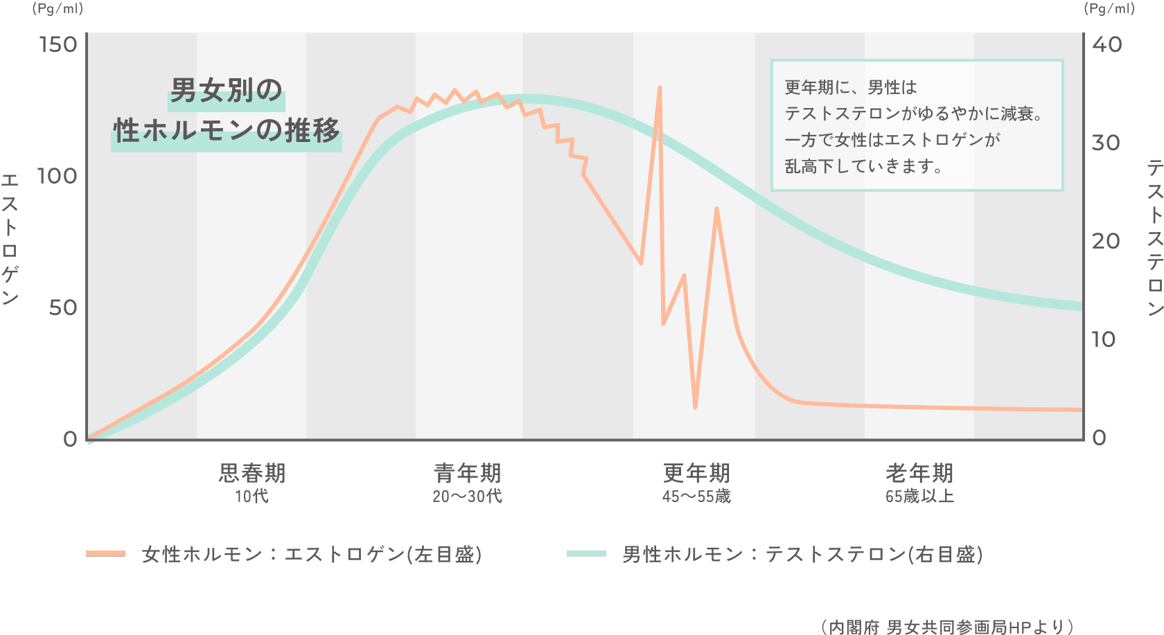 男女別性ホルモンの推移 更年期に、男性はテストステロンがゆるやかに減衰。一方で女性はエストロゲンが乱高下していきます。(内閣府 男女共同参画局HPより)