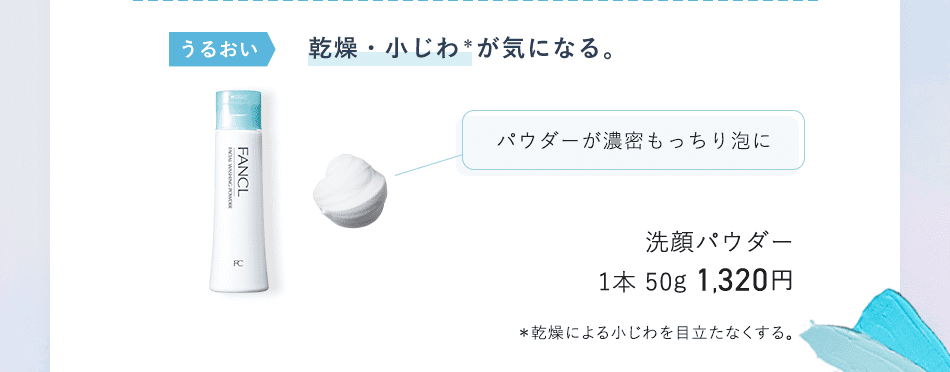 うるおい 乾燥・小じわ* が気になる。 パウダーが濃密もっちり泡に 洗顔パウダー 1本 50g 1,320円 *乾燥による小じわを目立たなくする。