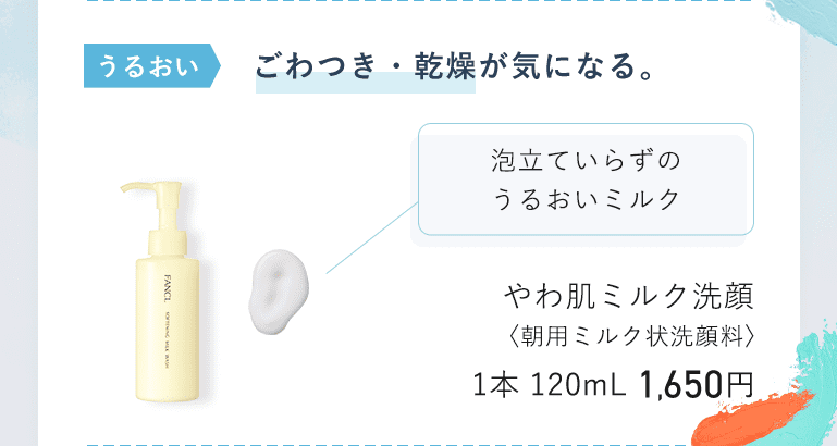 うるおい ごわつき・乾燥が気になる。 泡立ていらずのうるおいミルク やわ肌ミルク洗顔 〈朝用ミルク状洗顔料〉 1本 120mL 1,650円