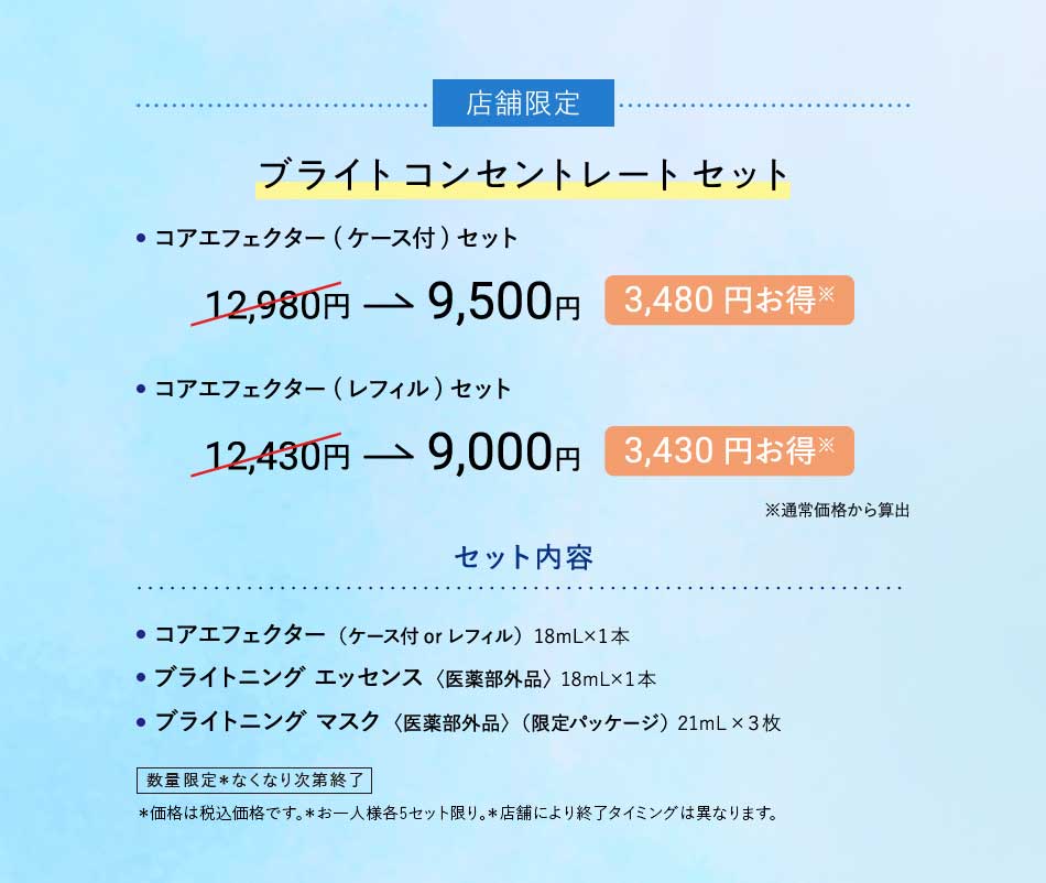 店舗限定ブライトコンセントレートセット・コアエフェクター(ケース付)セット12,980円→9,500円3,480円お得※·コアエフェクター(レフィル)セット12,430円→9,000円3,430円お得※※通常価格から算出店舗限定ブライトコンセントレートセット内容·コアエフェクター(ケース付 or レフィル)18mL×1本·ブライトニング エッセンス〈医薬部外品〉18mL×1本·ブライトニング マスク〈医薬部外品〉(限定パッケージ)21mL×3枚数量限定*なくなり次第終了*価格は税込価格です。*お一人様各5セット限り。*店舗により終了タイミングは異なります。