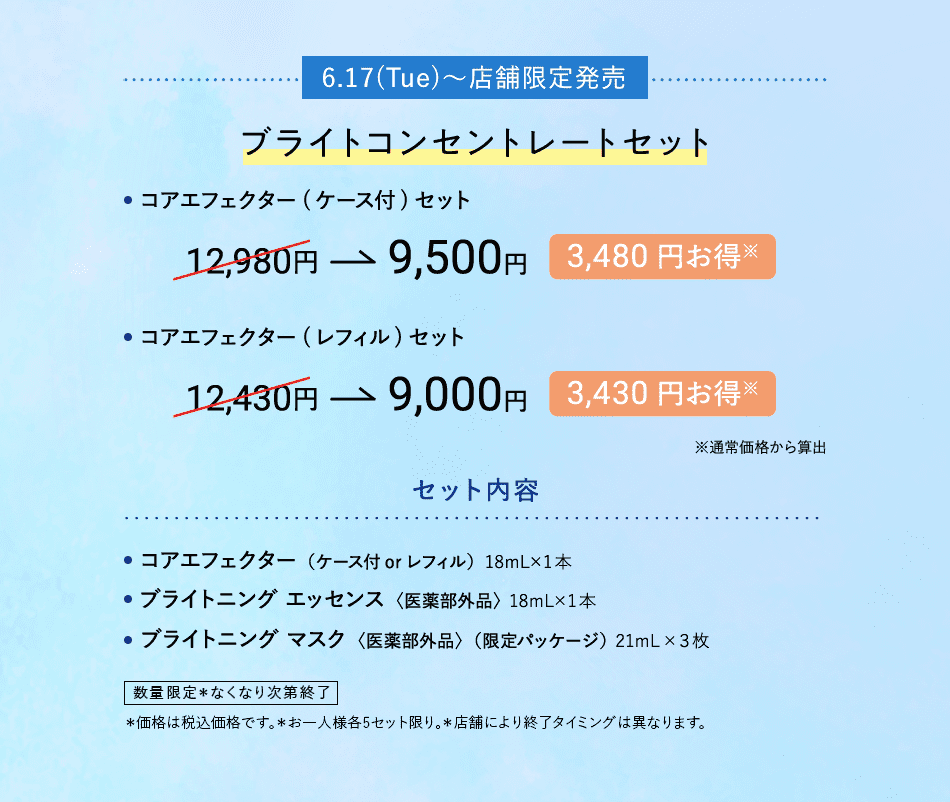 6.17(Tue) ～ 店舗限定発売 ブライトコンセントレートセット ・コアエフェクター（ケース付）セット 12,980円→9,500円 3,480円お得※ ・コアエフェクター（レフィル）セット 12,430円→9,000円 3,430円お得※　※通常価格から算出 セット内容 ・コアエフェクター（ケース付 or レフィル）18mL×1本 ・ブライトニング エッセンス〈医薬部外品〉18mL×1本 ・ブライトニング マスク〈医薬部外品〉（限定パッケージ）21mL×3枚 数量限定 *なくなり次第終了 *価格は税込価格です。 *お一人様各5セット限り。 *店舗により終了タイミングは異なります。