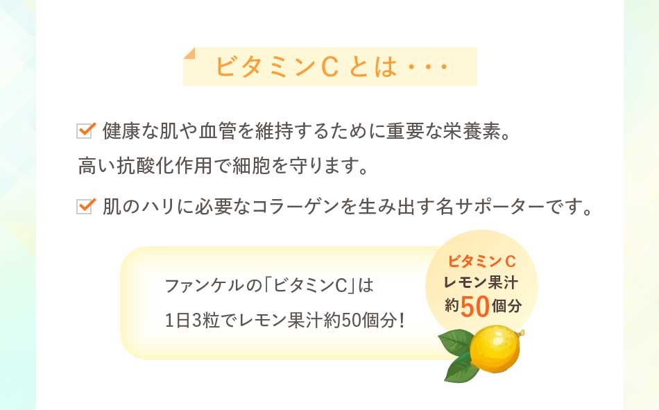 ビタミンCとは… 健康な肌や血管を維持するために重要な栄養素。高い抗酸化作用で細胞を守ります。肌のハリに必要なコラーゲンを生み出す名サポーターです。ファンケルの「ビタミンC」は1日3粒でレモン果汁約50個分!