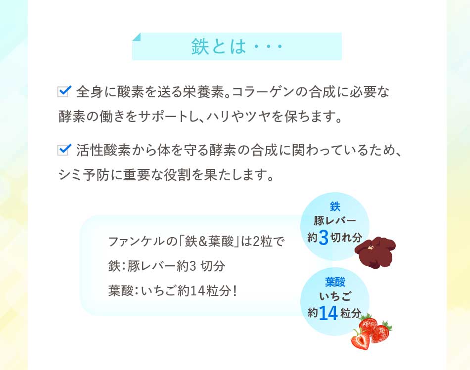 鉄とは…　全身に酸素を送る栄養素。コラーゲンの合成に必要な酵素の働きをサポートし、ハリやツヤを保ちます。活性酸素から体を守る酵素の合成に関わっているため、シミ予防に重要な役割を果たします。ファンケルの「鉄&葉酸」は2粒で鉄:豚レバー約3切分 酸:いちご約14粒分!