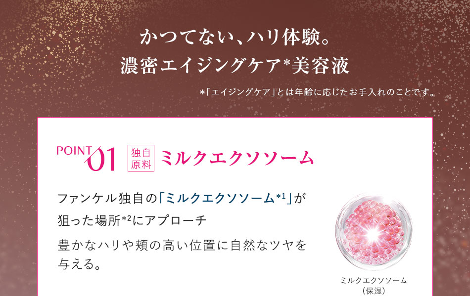 かつてない、ハリ体験。濃密エイジングケア 美容液 *「エイジングケア」とは年齢に応じたお手入れのことです。POINT01 ミルクエクソソーム ファンケル独自の「ミルクエクソソーム」が狙った場所にアプローチ豊かなハリや頬の高い位置に自然なツヤを与える。ミルクエクソソーム(保湿)