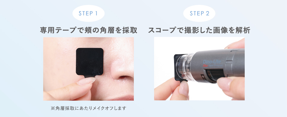 STEP1 専用テープで頬の角層を採取※角層採取にあたりメイクオフします／STEP2 スコープで撮影した画像を解析