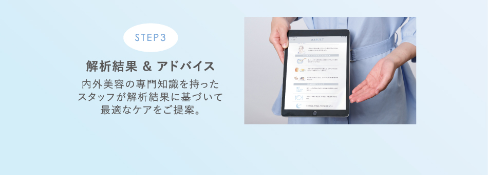 STEP3 解析結果 & アドバイス 内外美容の専門知識を持ったスタッフが解析結果に基づいて最適なケアをご提案。
