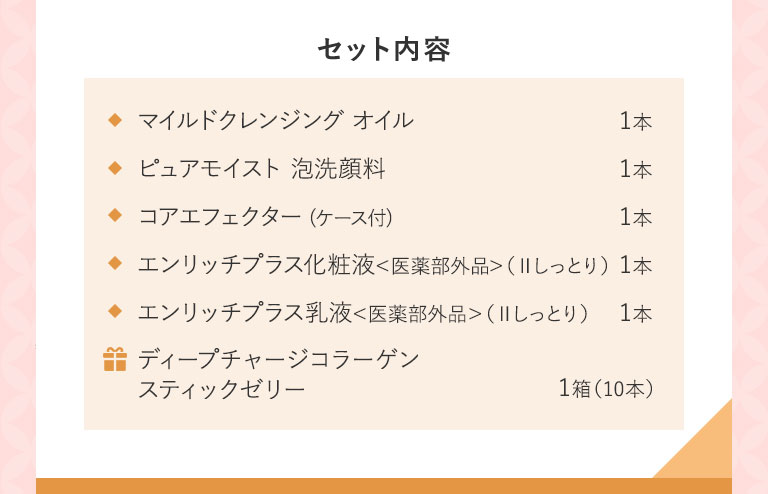 セット内容マイルドクレンジング オイル1本 ピュアモイスト 泡洗顔料1本 コアエフェクター(ケース付)1本 エンリッチプラス化粧液<医薬部外品>(ⅡIしっとり)1本 エンリッチプラス乳液<医薬部外品>(ⅡIしっとり)1本ディープチャージコラーゲンスティックゼリー1箱(10本)