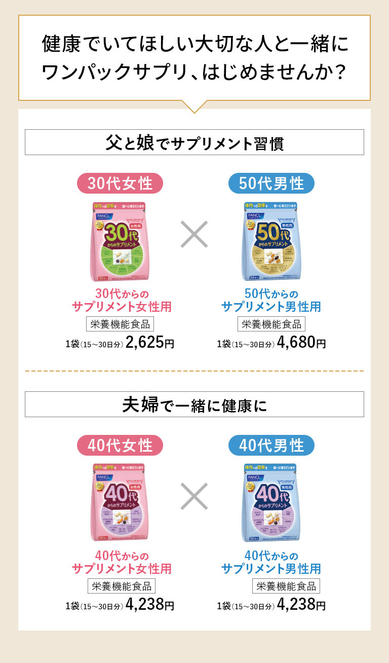 健康でいてほしい大切な人と一緒にワンパックサプリ、はじめませんか?父と娘でサプリメント習慣 夫婦で一緒に健康に
