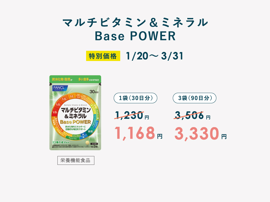 マルチビタミン＆ミネラル Base POWER 特別価格 1/20～3/31 1袋（30日分）1,230円→1,168円／3袋（90日分）3,506円→3,330円