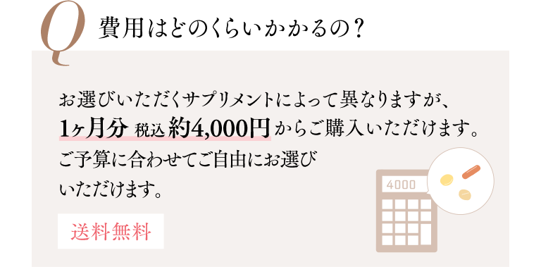 Q 費用はどのくらいかかるの？ お選びいただくサプリメントによって異なりますが、1ヶ月分 税込約4,000円からご購入いただけます。 ご予算に合わせてご自由にお選びいただけます。 送料無料