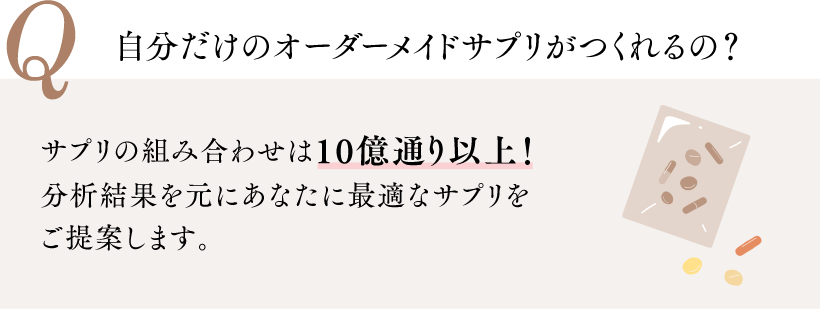 Q 自分だけのオーダーメイドサプリがつくれるの？ サプリの組み合わせは10億通り以上！分析結果を元にあなたに最適なサプリをご提案します。