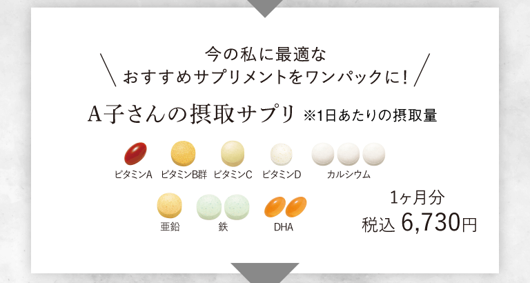 今の私に最適なおすすめサプリメントをワンパックに！ A子さんの摂取サプリ ※1日あたりの摂取量 1ヶ月分税込 6,730円